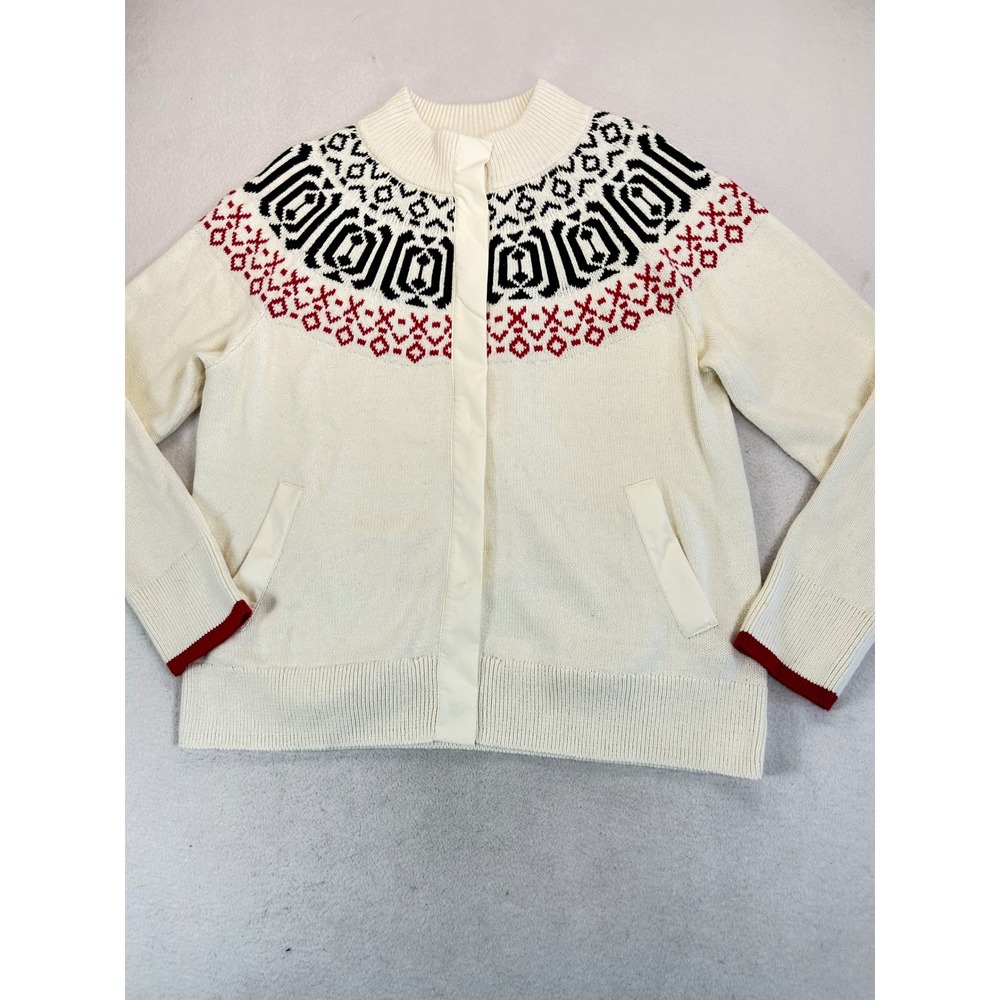 Talbots Cream Sweater Cardigan with Black and Red Fair Isle Yoke